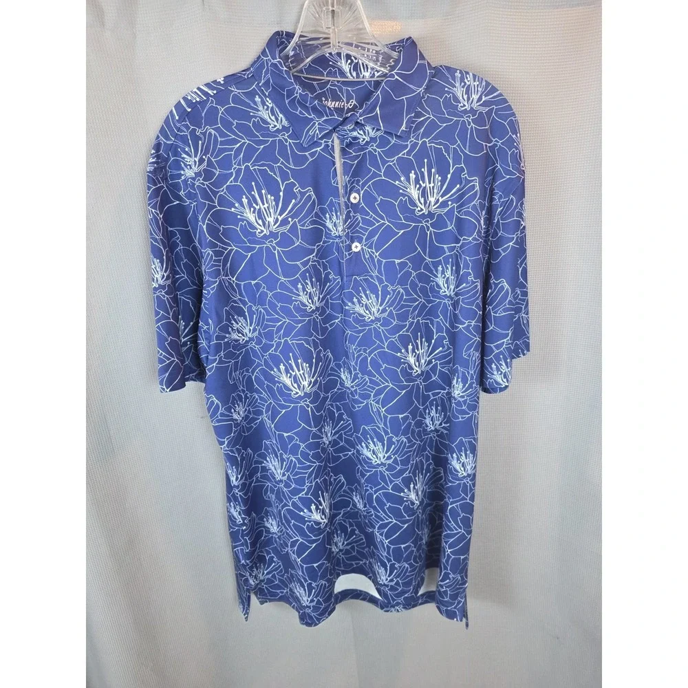 Johnnie-O Polo Shirt Mens Large Blue Floral Tropical Golf Performance Stretch